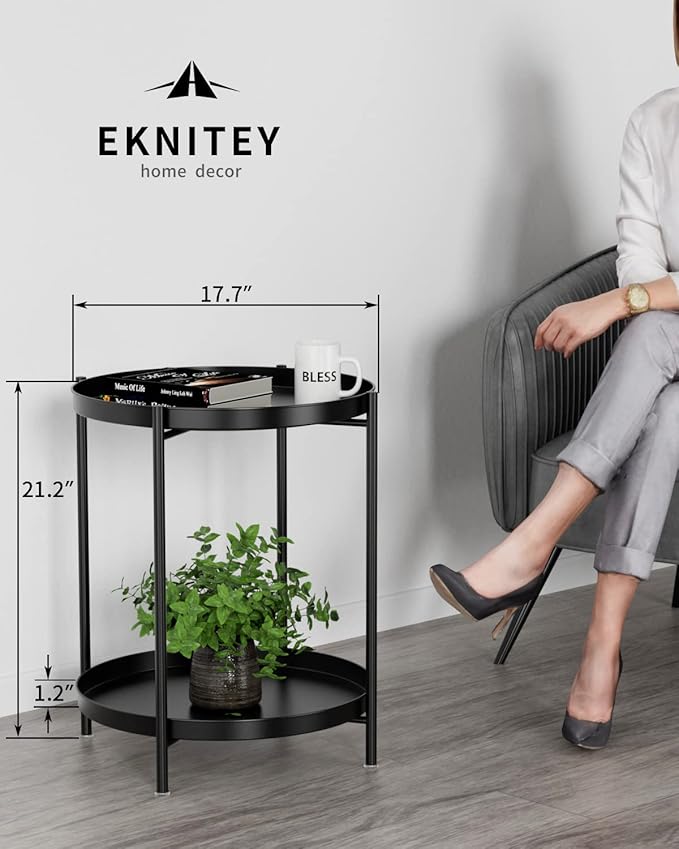 EKNITEY 2 Tier End Table - Metal Side Table Waterproof Small Sofa Coffee Side Tables Bedroom Indoor Outdoor with Removable Tray for Living Room Bedroom Balcony and Office (Black)-NeatNest