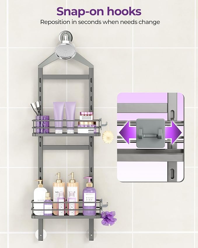 ODesign 2 Tier Height-Adjustable Shower Caddy Hanging Anti-Swing-Over The Shower Head Caddy-Showe r Storage Organizer Bathroom Shelves Basket Caddies-Grey