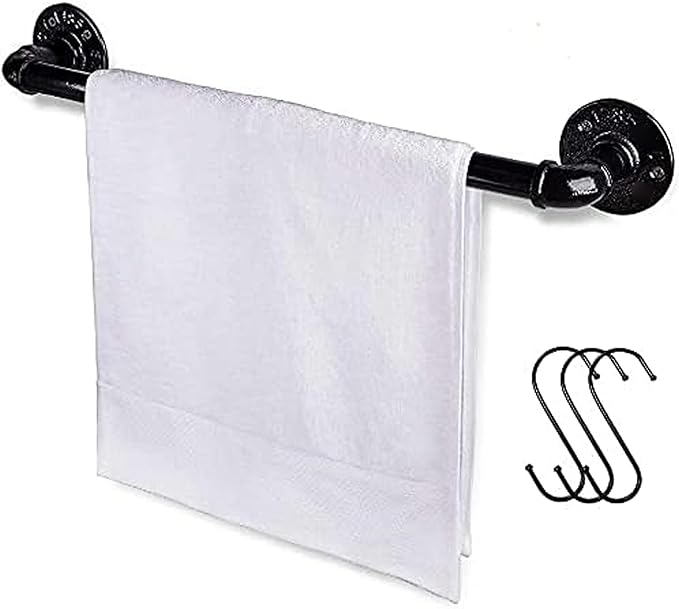 Industrial Pipe Towel Rack Towel Bar, Heavy Duty Wall Mounted Rustic Farmhouse Bath Towel Holder for Bathroom (Black, 18 Inch)