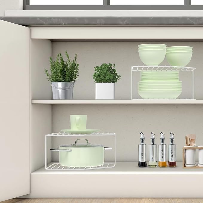 AKAZA 2Pcs 2-Tier Corner Stackable Organizer Shelf for Kitchen - Cabinet Storage Shelf Rack, Shelves，Kitchen Counter and Cabinet Shelf, Storage Rack Organizer for Kitchen(White)-NeatNest