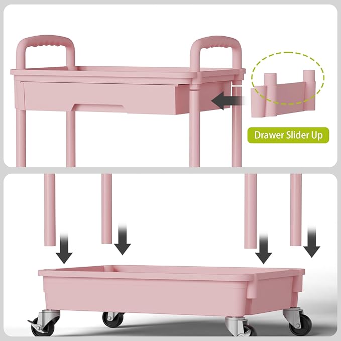 3 Tier Rolling Cart Organizer,Laundry Room Bathroom Organizers and Storage Office Shelves Mobile Shelving Unit Kitchen Trolley Cart with Wheels for Art,Craft,Diaper,Bedside,Snack(Pink)-NeatNest