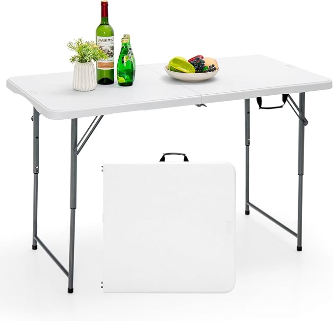 GYMAX Folding Table, 4FT Portable Plastic Picnic Table with 3 Adjustable Height & Handle, Fold-in-Half 330LBS Heavy Duty Foldable Table for Indoor Outdoor Party, Wedding, Camping, Dining-NeatNest