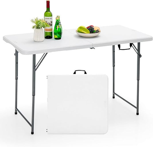 GYMAX Folding Table, 4FT Portable Plastic Picnic Table with 3 Adjustable Height & Handle, Fold-in-Half 330LBS Heavy Duty Foldable Table for Indoor Outdoor Party, Wedding, Camping, Dining-NeatNest