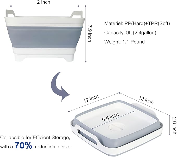 2 Pack Foldable Dish Tub-2 * 9L Dishpan for Washing Dish Tub-Foldable Wash Basin Bucket Portable Sink-Multiuse Collapsible Sink Tub Wash Dish Basin(Grey+Green)-NeatNest