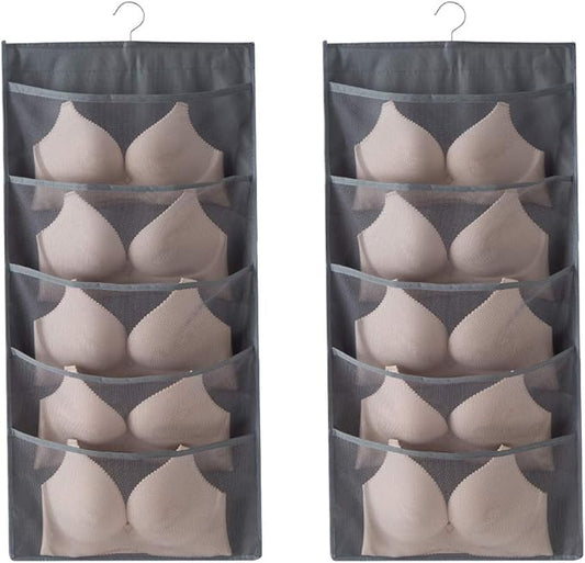 Enlarged Closet Hanging Bra Organizer with Rotating Metal Hanger, Dual Sided Wall Shelf Wardrobe Mesh Pockets Hanging Storage Bag for Bra Socks Underwear Underpants-NeatNest