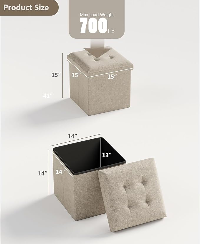 Folding Storage Ottoman Bench, Multi-Functional Ottoman Footrest, End of Bed Bench, Storage Chest for Living Room, Bedroom, Hallway, Entryway, Holds Up to 700 lbs (Beige, 15 Inches)