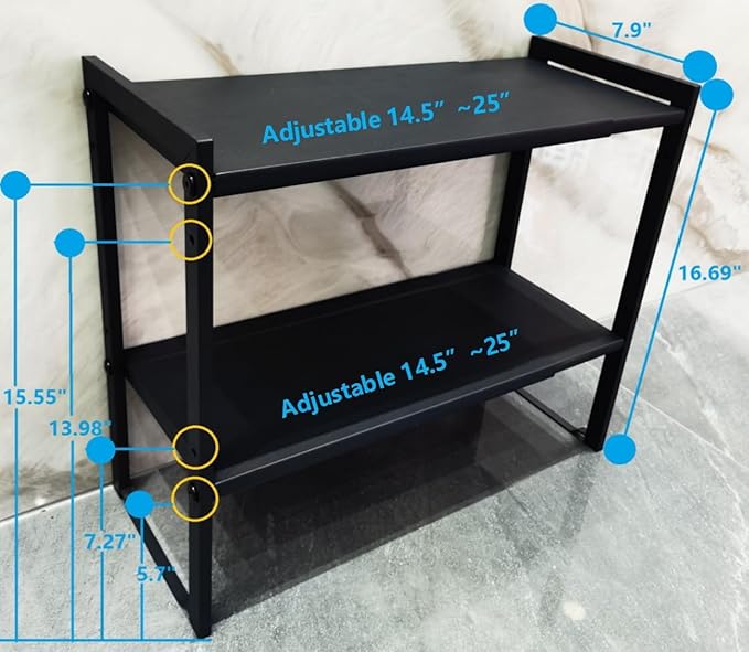 2 Tier Expandable Cabinet Shelf Organizer 14.5-25" L Kitchen Counter Shelf Rack Stand Sink Riser Countertop Storage Black (Normal 7.9”D)-NeatNest