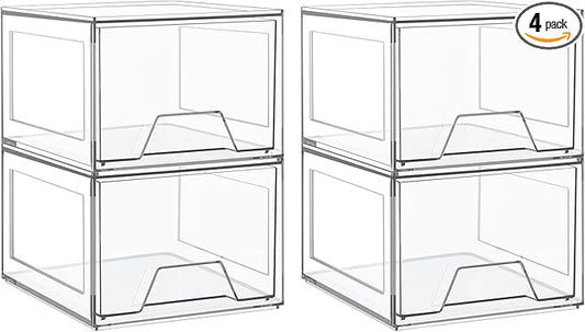 4 Pack Stackable Makeup Organizer,4.4'' Tall Acrylic Bathroom Organizer and Storage Drawers, Clear Plastic Drawer Storage Bins For Vanity, Undersink, Cabinets, Pantry-NeatNest