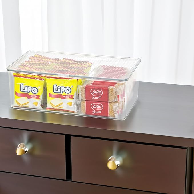 Clear Plastic Storage Bin with Lid, Makeuo Holder, Fridge Organizer, Refrigerator Organizers and Storage, Small Container for Pantry, Office, Dresser, Bathroom, Kitchen, Snack