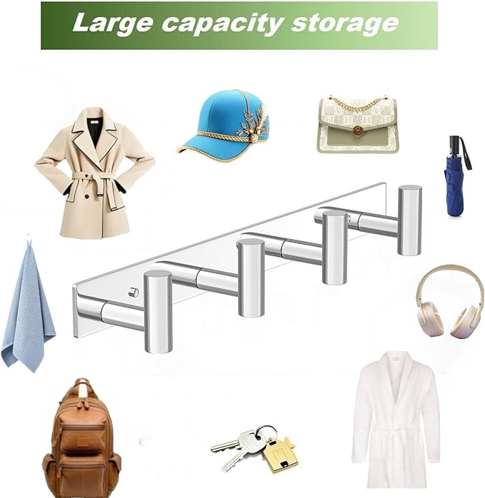 Wall Mounted Coat Rack-4 Hooks, Heavy Duty Stainless Steel Hook Rail for Towel Coat Hat Purse Bag Jacket, Towel Hooks for Entryway Bathroom Kitchen (Glossy 4 Hooks - 1 Pack)-NeatNest