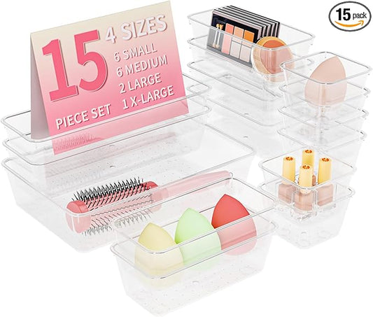 15 PCS Clear Plastic Drawer Organizer Set, 4 Sizes Versatile Bathroom Drawer Organization and Storage Trays, Non-Slip Desk Vanity Storage Bins for Makeup Jewelry Kitchen Utensil Gadget Office-NeatNest