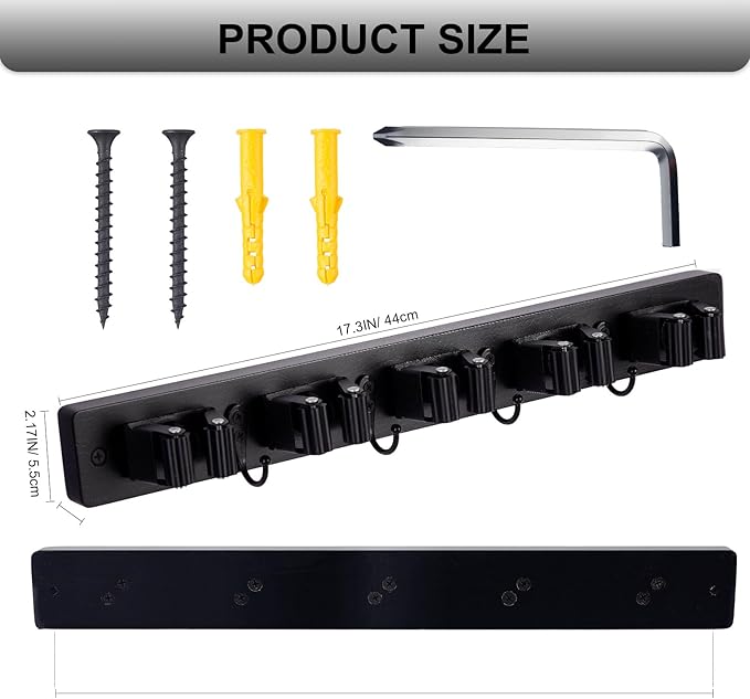Broom Holder Wall Mount With 5 Slots & 4 Hooks，Rustic Wood Broom & Mop Hanger，Wall Mounted Garden & Garage Tool Storage Organizer Rack for Closet Laundry Room or Kitchen Wall Decor Black-NeatNest