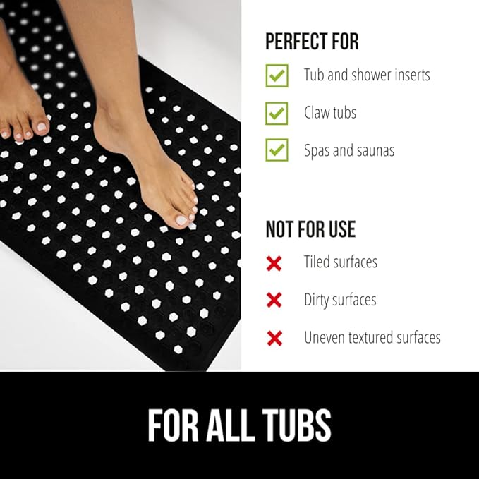 GORILLA GRIP Patented Bath Tub Shower Mat, Machine Washable Bathtub Floor Liner Mats, Suction Cups and Drain Holes to Keep Tubs Clean, Soft on Feet, Bathroom Essentials, 35x16 Inch, Black-NeatNest
