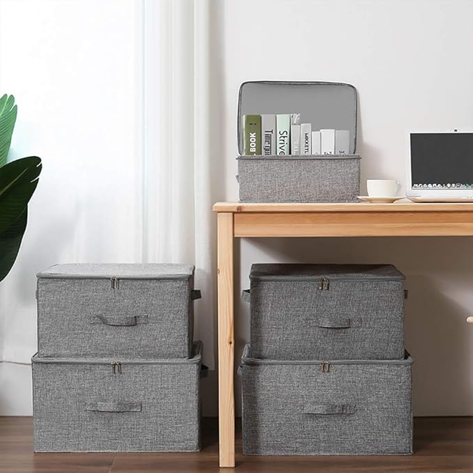 ANMINY 2PCS Storage Bins with Zipper Lids 36 Qt Lidded Fabric Storage Boxes Baskets Cubes with Handles Collapsible Washable Cotton Linen Closet Shelf Clothes Organizer Containers - Gray, Large-NeatNest