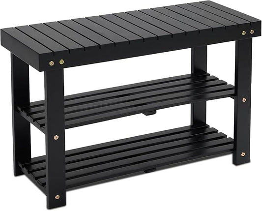 BEEFURNI Acacia Shoe Rack Bench, 3-Tier Sturdy Shoe Storage Bench, Wooden Footwear Organizer for Boots, 300 LBS Load Capacity, Perfect for Closet Entryway Bathroom, 1-Year Manufacturer Warranty, Black-NeatNest
