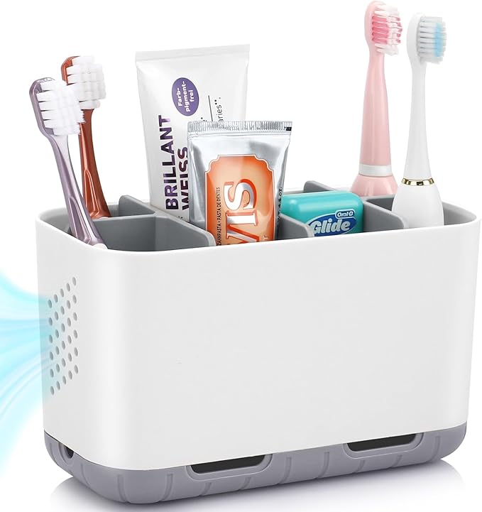 Boperzi Toothbrush and Toothpaste Holder Drainage for Bathroom Countertop with Adjustable Dividers, Large Toothpaste Caddy Organizer Storage Rustic Decor Set Anti-Slip for Shower,Family,Kids Gray-NeatNest