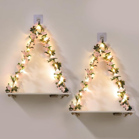 Floating Shelves for Wall No Drilling,Wall Dcorations Art,Hanging Shelf,Leaves and Light Strip with Flower,Set of 2 Plant Decor for Home House Livingroom Bedroom Officer,Boho Decor,Gifts for Woman-NeatNest