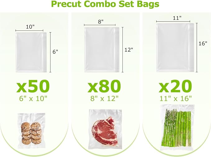 Bonsenkitchen Precut Vacuum Sealer Bags, 20 Gallon 11" x 16"+ 80 Quart 8" x 12"+ 50 Pint 6" x 10", Commercial Grade, BPA Free, Food Sealer Bags for Vac Storage, Meal Prep or Sous Vide Cooking, VB15-NeatNest