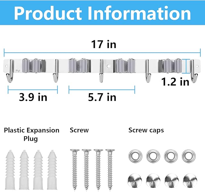 Piyl Broom Mop Holder Wall Mount Broom Hanger Wall Mounted Metal Organization Garage Storage Garden Kitchen Tool Organizer With 4 Racks and 5 Hooks (Silver, 1 Pack 4R5H)-NeatNest