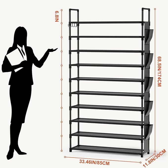 Tall Shoe Rack 10 Tier Shoe Racks Organizer for Closet 40-45Pairs,Large Capacity Storage Rack for Shoes with 5Hooks,Sturdy Metal Shoe Shelf, Vertical Shoe Stand Tower-NeatNest