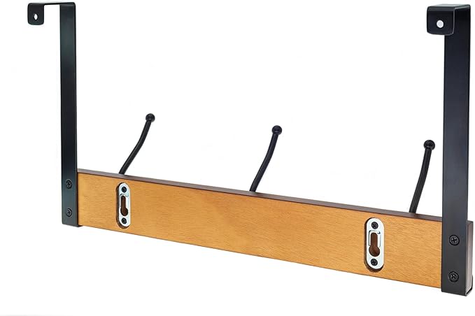 creathome Dual-Purpose Wooden Hanger with 3 Round Hooks Classic Color, Behind/Over The Door Towel Rack for Bathroom, Heavy Duty Wall Mounted Coat Rack, No Drilling