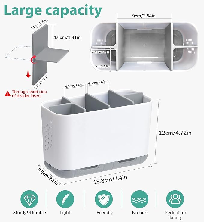 Boperzi Toothbrush and Toothpaste Holder Drainage for Bathroom Countertop with Adjustable Dividers, Large Toothpaste Caddy Organizer Storage Rustic Decor Set Anti-Slip for Shower,Family,Kids Gray-NeatNest