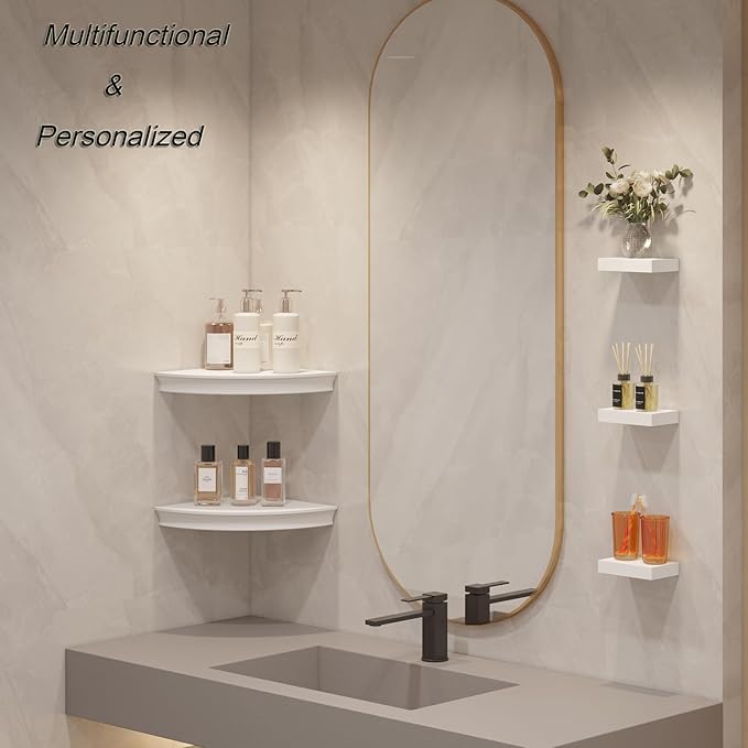 HAO Floating Corner Shelf Invisible Wall Mounted Shelves Radial Shape Cable Wire Hole Pattern Perfect for Bedroom Bathroom Living Room Kitchen Set of 2 White-NeatNest