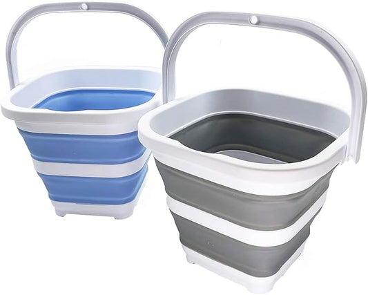 SAMMART Collapsible Rectangular Cleaning Bucket 5L (1.3 Gallon)- Foldable Camping Beach Sand Water Pot Pail- Portable Space Saving Tub for Household, Outdoor Car Washing (Grey + Baby Blue (Set of 2))-NeatNest