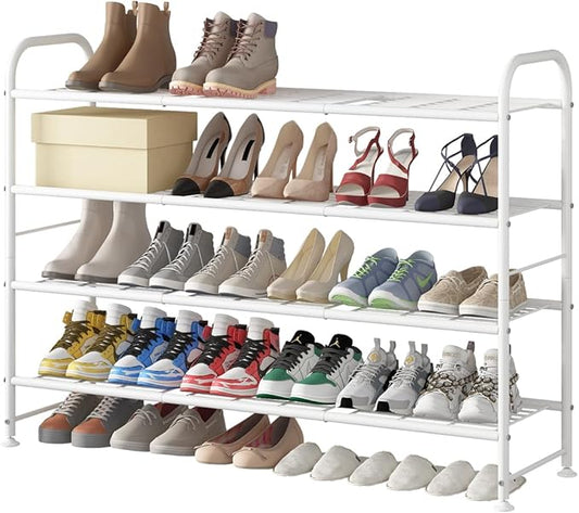 LINZINAR Shoe Rack Long 4 Tier Shoe Storage Organizer Metal Wide Shoe Shelf for Closet Entryway Bedroom 30 Paris Large Capacity, White-NeatNest
