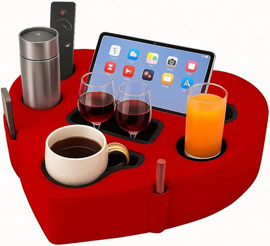 Heart-Shaped 8-in-1 Bed & Couch Cup Holder, Sofa Organizer Caddy Holds Phone, Tablet/iPad, TV Remote, Gaming Console, Mug - Drinks Cupholder Tray - Buddy Pillow Gift for Women & Couples, Red-NeatNest