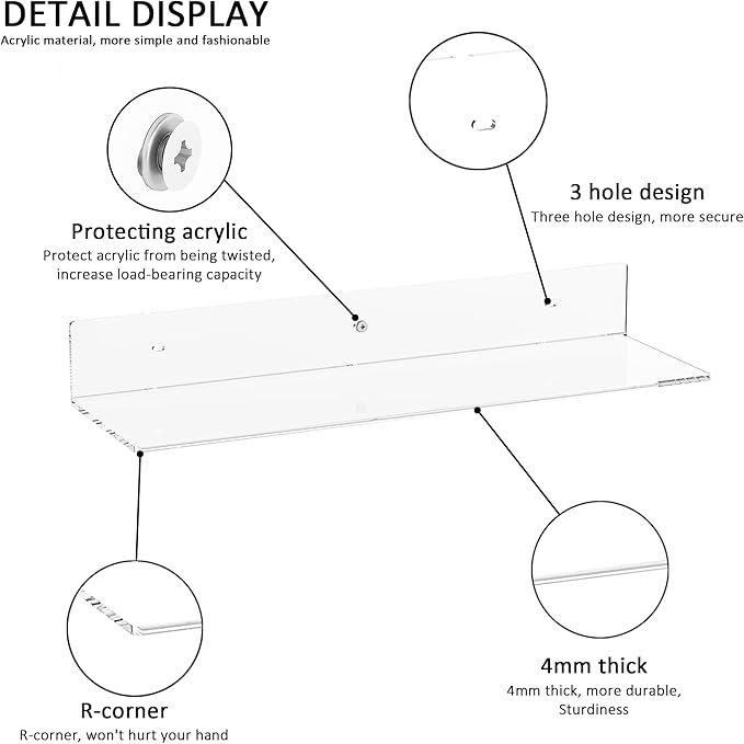 20 Inch Clear Wall Shelves for Wall, Wall Mounted Acrylic Floating Shelf for Plants, Speaker, Radio, Funko Pop, Stuffed Animal, Books, Cosmetics, Toiletries, 2 Pack (20 Inch)-NeatNest