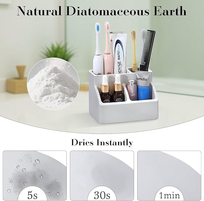 Luxspire Toothbrush Holder, Fast Drying Toothbrush Holders for Bathroom, Diatomaceous Earth Electric Tooth Brush Organizer Toothpaste Holder for Countertop Dresser, Light Gray