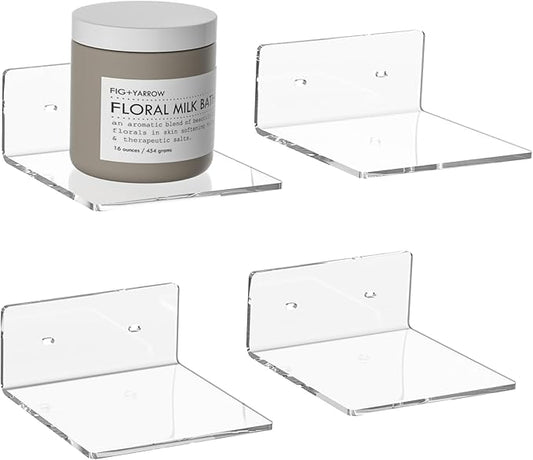 6 Inches Clear Small Wall Shelves, Acrylic Floating Shelf for Small Space, Acrylic Display Ledges for Funko Pop Figures, Home Décor, Plants, Smart Speaker, Digital Clock, 4 Pack-NeatNest