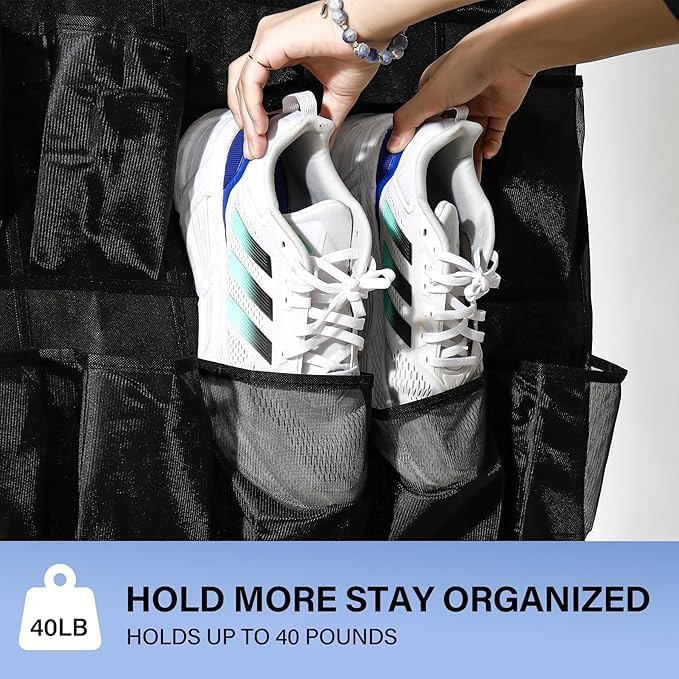Over the Door Shoe Organizer, 24 Large Breathable Mesh Pockets, Hanging Storage Holder, Hanging Shoe Organizer(Black)-NeatNest