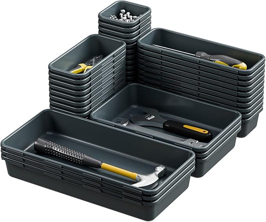 BYCY 38PCS Interlocking Desk Drawer Organizer Tray Divider Set, Plastic Black Desk Organizer Separator, Office Drawer Dividers Storage Bins for Office Bathroom Kitchen (38pcs 5Size)-NeatNest