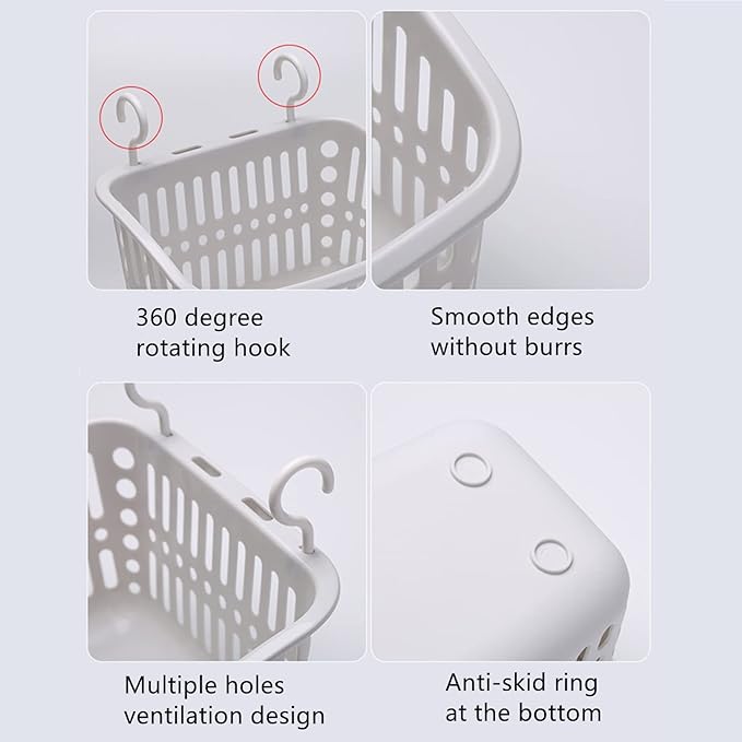 5PCS Plastic Hanging Baskets for Shower, Hanging Basket Organizer with Hooks, Rectangle 10.6Inches Small Hanging Storage Basket (Grey)