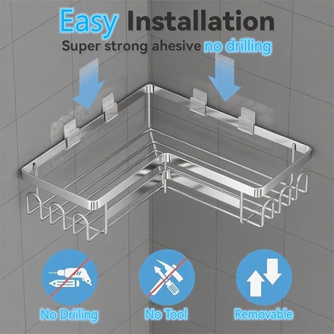 Adhesive Shower Caddy Shelf Organizer Rack,Rustproof Stainless Steel Bathroom Organizer with Large Capacity, No Drilling Corner Shower Shelves for Bathroom Storage & Home Decor