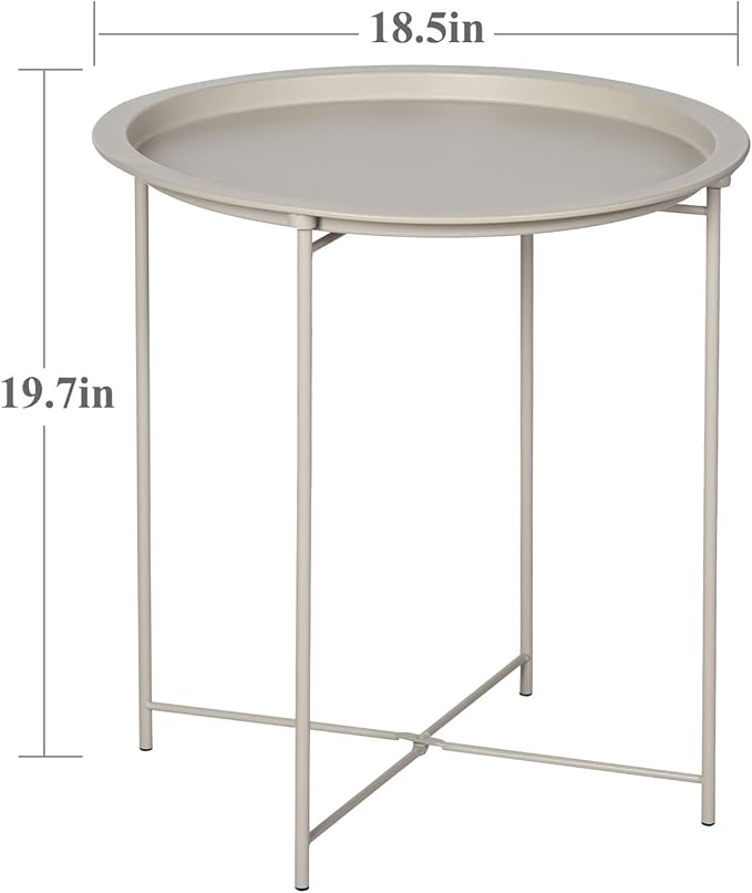 VECELO Side/End Table, Folding Round Metal Anti-Rust and Waterproof Outdoor or Indoor Tray for Living Room Bedroom Balcony and Office, 1 PCS, Grey