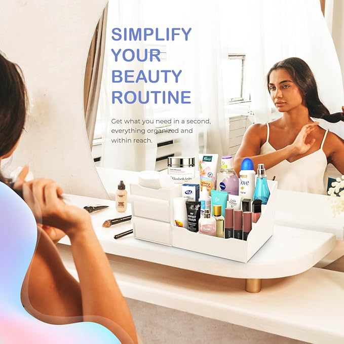 Mantello Makeup Organizer for Vanity - White Cosmetics Organizer with Multiple Compartments for Makeup and Toiletries-NeatNest