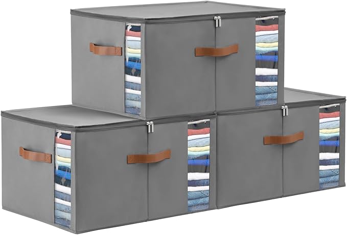 WELTRXE 90L Comforter Storage Bag with Handles, Clothing Storage Container for Quilt, Sheet, Bedding, Large Closet Organizer with Dual Zipper, Underbed Organization and Storage, Gray, 3-Pack-NeatNest
