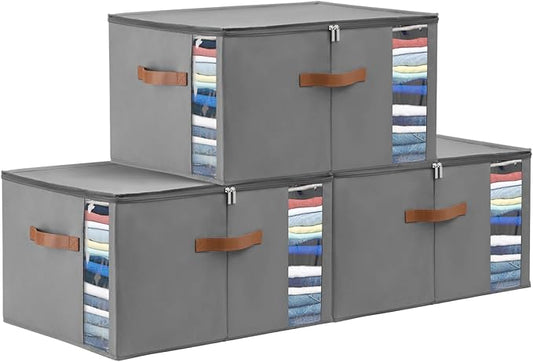WELTRXE 90L Comforter Storage Bag with Handles, Clothing Storage Container for Quilt, Sheet, Bedding, Large Closet Organizer with Dual Zipper, Underbed Organization and Storage, Gray, 3-Pack-NeatNest