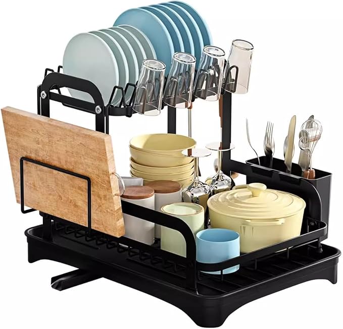 Household Kitchen Countertop Dish Rack - Adjustable Utensil Drying Rack & Plate Bowl Organizer with Drainer Tray - Space-Saving Storage for Dishes, Cups, Chopsticks