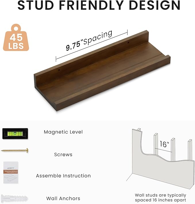 Floating Shelves for Wall, 16 inch Solid Wood Picture Ledge Shelf, Picture Shelf for Wall with Ledge, Floating Book Shelves for Living Room Bedroom Kitchen Nursery Decor, Walnut, Set of 2-NeatNest