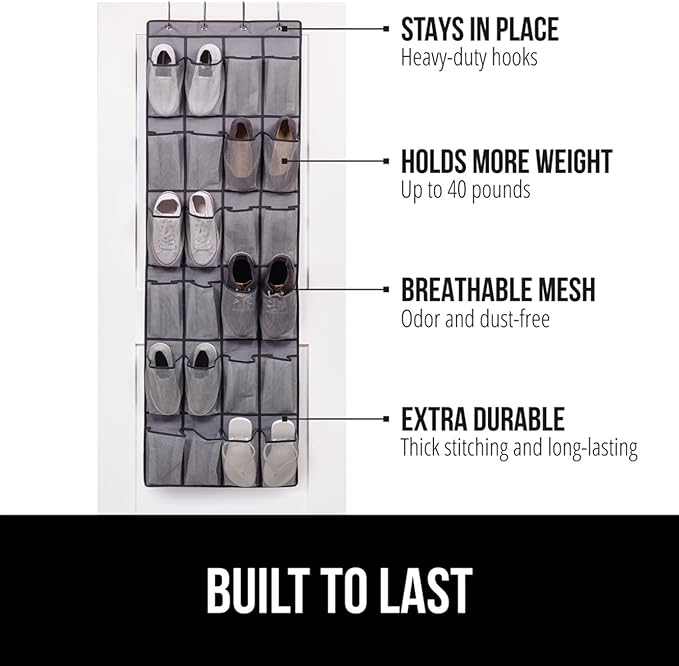 GORILLA GRIP Over the Door Shoe Organizer, 2 Pack, 24 Breathable Mesh Pockets, Space Saving Hanging Storage Holder, Closet Rack Hanger Holds Up to 40 lbs, Hangs on Closets, Shoes, Accessories, Gray-NeatNest