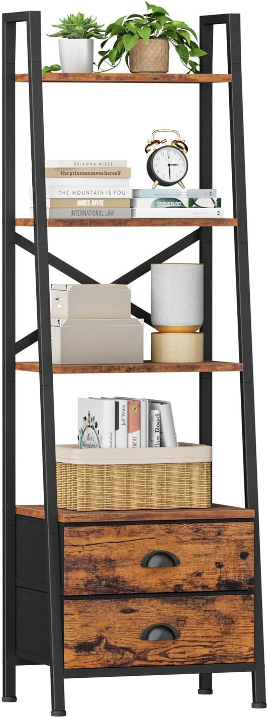 Furologee 4-Tier Ladder Shelf,Small Bookshelf with 2 Drawers,Vertical Bookcase Storage Rack Organizer,Rustic Bookshelves for Living Room,Bedroom,Bathroom,Home Office,Kitchen,Rustic Brown