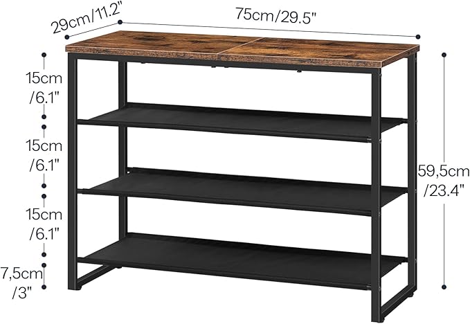 HOOBRO Shoe Rack, 4 Tier Shoe Storage Organizer with 3 Oxford Fabric Shelves and Top Panel, Holds 12-16 Pairs of Shoes for Entryway and Closet, Industrial, Rustic Brown BF47XJ01G1-NeatNest