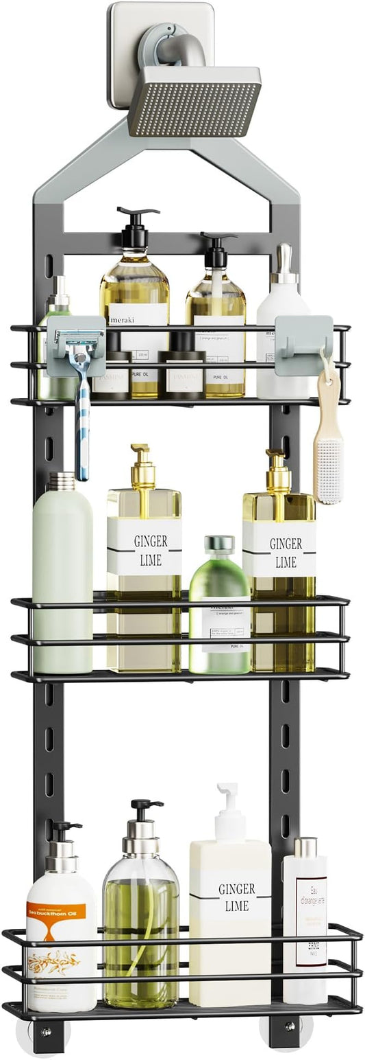 Orimade Adjustable Anti-slip Shower Caddy over Head, Rustproof Bathroom Hanging Shower Organizer with 2 Hooks for Razor, No Drilling Shower Shelves Storage Rack 3 Tier, Grey