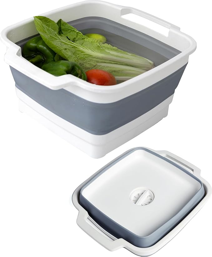 Collapsible Wash Basin with Drain Plug 9L (2.4Gal), Dishpan for Washing Dishes Basin,Collapsible Dish Tub Portable Sink for Kitchen Sink, Camping RV Washing Tub(Gray)-NeatNest
