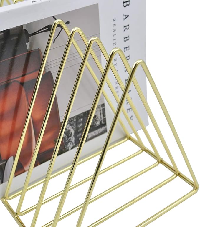EASEPRES Gold File Holder Organizer, Triangle Record Album Holder Magazine Wire Rack, 9 Slot Multifunction Desktop Storage Decor for Home Office