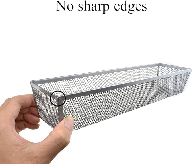 HAHIYO Stackable Mesh Tray Cup 12 x 3 x 2 inches Sturdy Container for Desk Drawer Organizer Collection for Home Office School kitchen Soft Foam Feet No Sharp Edges 2 Pack Silver-NeatNest